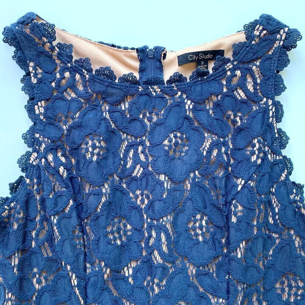 City Studio Navy Lace Fit & Flare Mini Dress 3 / S - Picture 4 of 11